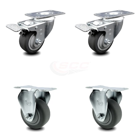 3.5 Inch Thermoplastic Rubber Swivel Top Plate Caster Lock Brakes 2 Rigid, 2PK